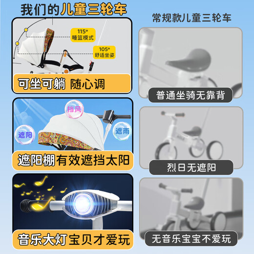 活石儿童三轮车脚踏车宝宝手推车婴儿遛娃神器滑行免充气1-6岁自行车 【折叠可躺】敞篷 可推可骑 音乐灯 1-3-6岁小孩幼儿轻便折叠高碳钢