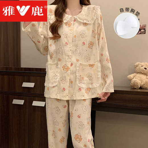 Yalu Breast Pad Pyjamas für Frauen im Frühling und Herbst langärmelte süße und niedliche Strickjacke Yunduo Dünne Sommer-Heimkleidung Set A7027 mit festem Brustpolster L empfohlen 100-115jin [Jin ist 0,5 kg]