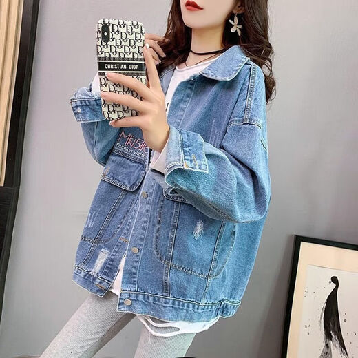 
Li Lang denim jacket for women in autumn, Korean loose large size slim women's jacket top 9926# picture style [Blue] S [Suggested 80--100Jin [Jin equals 0.5 kg]]