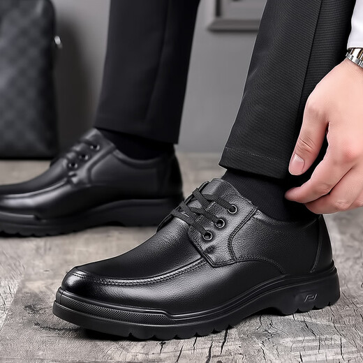 KIDS Red Dragonfly Leather Shoes Men's 2025 New Casual Men's Genuine Leather Breathable Soft Sole Business Official Leather Shoes Plus Fleece Cotton 6627 Black 38