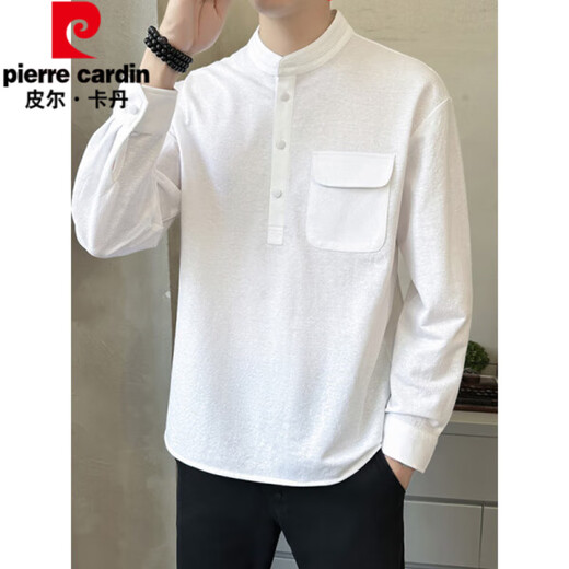 Pierre Cardin high-end men's cotton and linen T-shirt men's spring and autumn new long-sleeved polo bottoming shirt casual and versatile henley collar linen khaki M