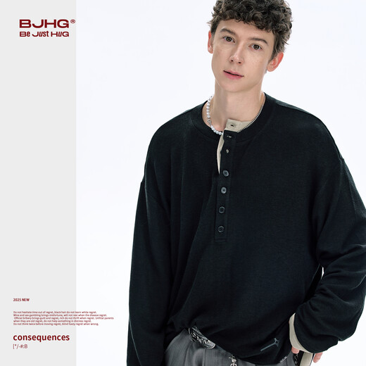 BJHG reckless henley collar polo shirt men's long-sleeved T-shirt 2025 new trendy brand autumn casual sweater for women mica gray L