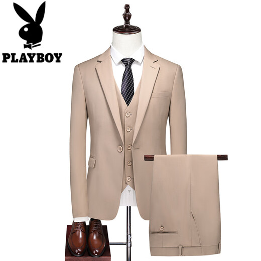 Playboy candy-colored suit men's stage choir performance suit men's red host dress suit three-piece set khaki 3XL 165~180
