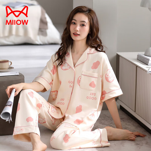 Catman pajamas for women in summer 2024 new cardigan design for easy wearing and taking off pure cotton fabric skin-friendly and comfortable home clothes for women 702 2XL Recommended weight 135-155Jin [Jin equals 0.5 kg]
