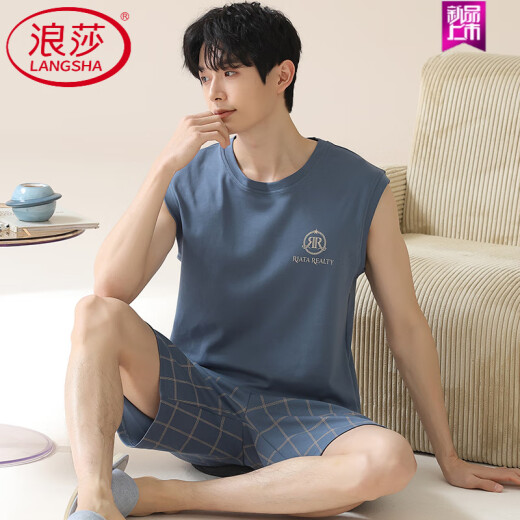 浪莎（LangSha）睡衣男款背心男士夏季纯棉夏款可外穿套装家居服夏天无袖2025新款 OMM-13063 L