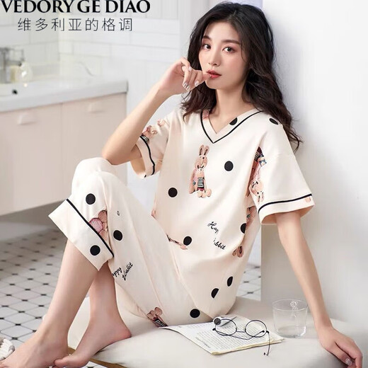 
Victoria's style pure cotton pajamas for women in summer short-sleeved cropped pants suit loose spring and summer can wear home clothes outside. Short-sleeved cropped pants 679 L Recommended 98-115Jin [Jin equals 0.5 kg]