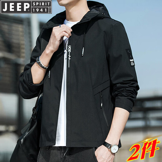 JEEP SPIRIT连帽薄款夹克205春秋青年短款外套纯色休闲上衣 K12131黑色 M 【建议100-110斤】