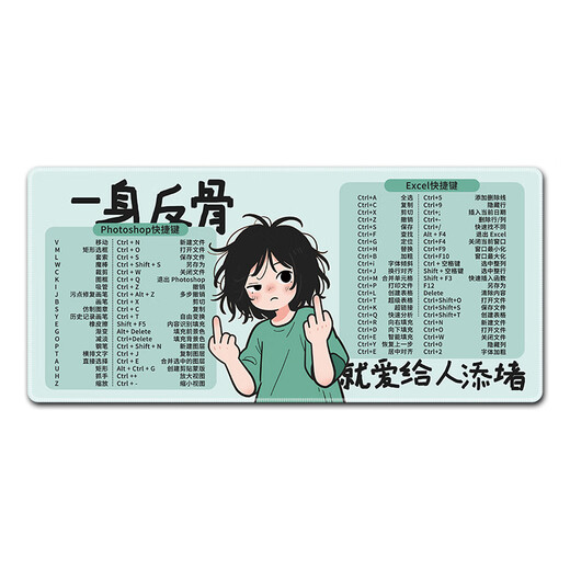 汝沁莲鼠标垫超大号男女个性工位办公电脑书桌垫发疯文学可爱橡胶软垫键盘垫顺滑加厚锁边护腕垫防滑耐磨 15816一身反骨快捷键 长600mmX宽300mmX厚2mm