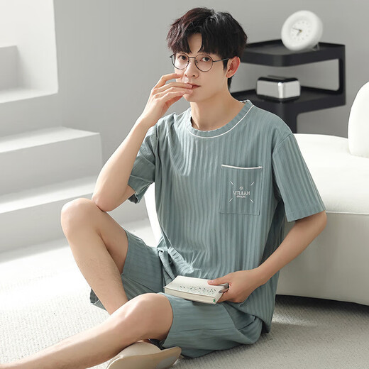 Shuo Gu Jin (Shuo Gu Jin) Summer Men's Pyjamas Imitation Coton Pull-up Shorts à manches courtes décontractées, les adolescents peuvent porter des vêtements de maison minces pour les hommes AM-3524 L