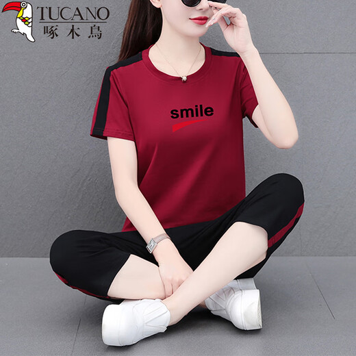 
Woodpecker Summer Sports Set Women's Short Sleeve 7-Cut Pants Casual Clothes Middle-aged Mom's Apparel Age Reducing Two-Piece Set Khaki XL
