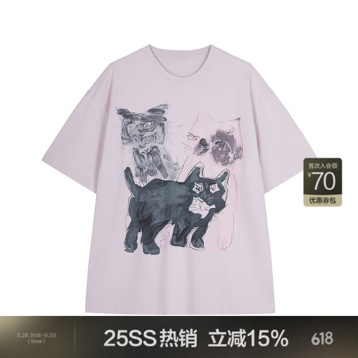 Jiangnan Buyi (JNBY) [same style in the mall] 25 Spring New T-shirt for Women's Fun Cat Print Loose Round Neck Middle Sleeve 5P2112550 671/Gray Powder M