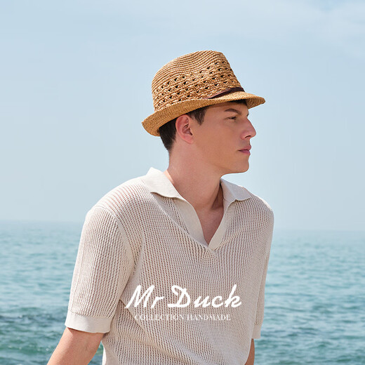 Mr DUCK进口手工编织拉菲草帽男女 可折叠爵士礼帽 防晒遮阳镂空透气草帽 MS17008-棕色 L码（适合60CM及以上头围）