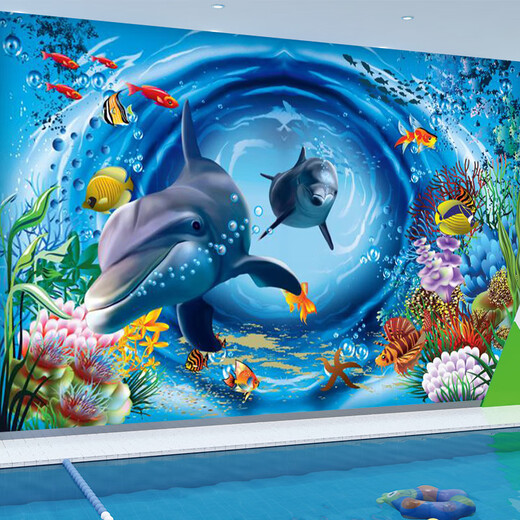 Sticker 3d three-dimensional paste underwater world 3d wall sticker mother and baby swimming pool background wall self-adhesive mural QT-3523 Ultra small: width 90cm * height 60cm (whole picture)