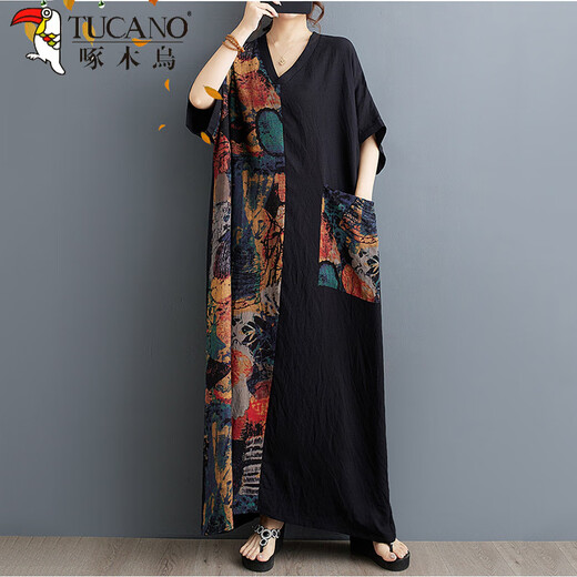 Woodpecker exports Thai fat M girls thin cotton and linen printed splicing tensile slim belly covering to make you look slim V-neck short-sleeved contrasting color long dress 9856# blue splicing, one size, 100-200 Jin [Jin equals 0.5 kg]