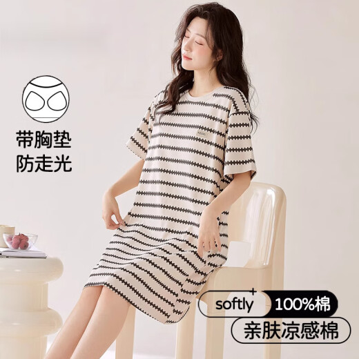Yalu avec poitrine de poitrine intégrée de nuit à manches courtes en coton pur à manches courtes pour les femmes en été 2025, un pyjamas de coton nouveau lâche et peut être porté à l'extérieur de ZB: x12529 [coton poitrine poitrine] M [suggéré 80-100jin [Jin est égal à 0,5 kg]]]]