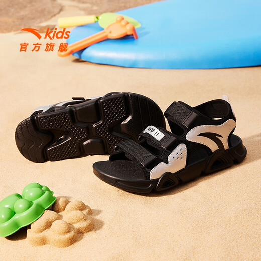 ANTA Children's Sandals Men's and Women's Shoes 2025 Summer New Summer Velcro Lingbo Open Toe Arch Beach Shoes Boys Black/Silver-8 39
