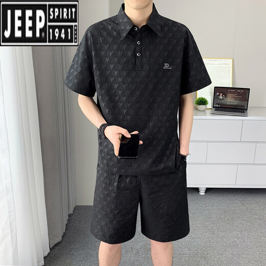 Jeep (Jeep) Camisa de solapa de seda de hielo Traje de manga corta para hombres casuales de 2025 Summer Nuevo deportes sueltos de secado rápido Set de dos piezas Khaki XL 130-145Jin [Jin iguala 0.5 kg]