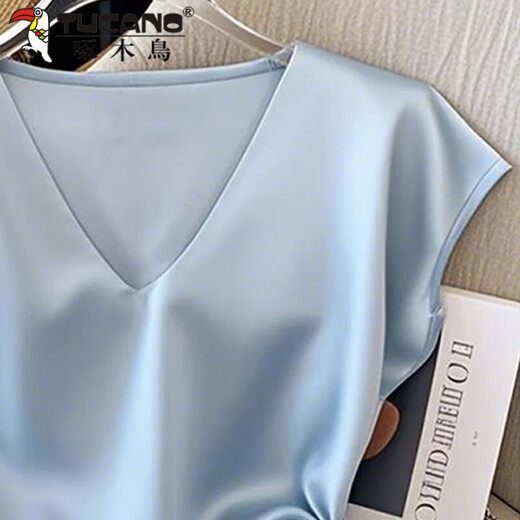 Woodpecker (TUCANO) blue pleated waist-hugging lace-up short-sleeved T-shirt for women 2025 summer new style versatile and unique super beautiful satin versatile blue M (80-95Jin [Jin equals 0.5 kg])