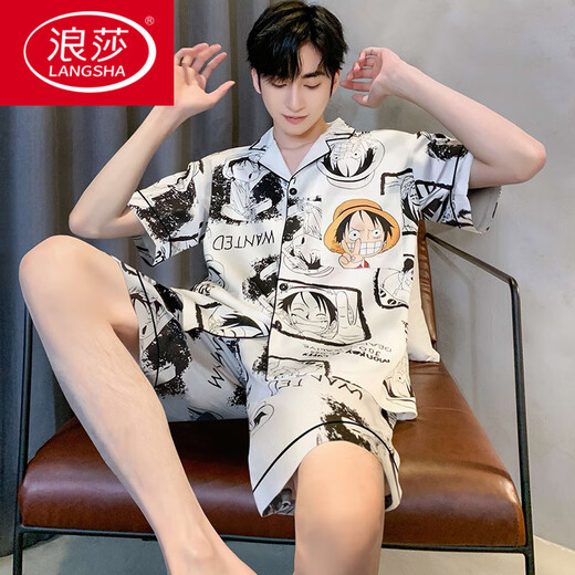 LangSha (LangSha) ice silk pajamas men's summer short-sleeved pants thin young boys summer men's home clothing 2025 new suit G723 M Recommended height 165, weight 90-110