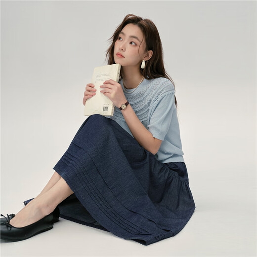 佐丹奴设计师款薄牛仔裙女蕾丝花边长裙半松紧牛仔半身裙18465219
