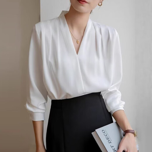 2025女装白色V领缎面衬衫职场通勤内搭西装高级上衣职业装白衬衣 675白色【V领】 M 推荐【95-110斤】