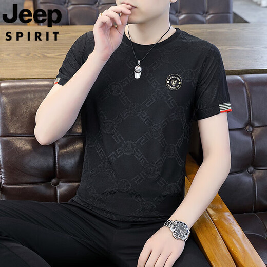 JEEP SPIRIT吉普冰丝短袖T恤男2025夏季新款速干汗衫薄款体恤衫男士半袖衣服 867-圆圈B短袖 绿色 M 【建议90-105斤】