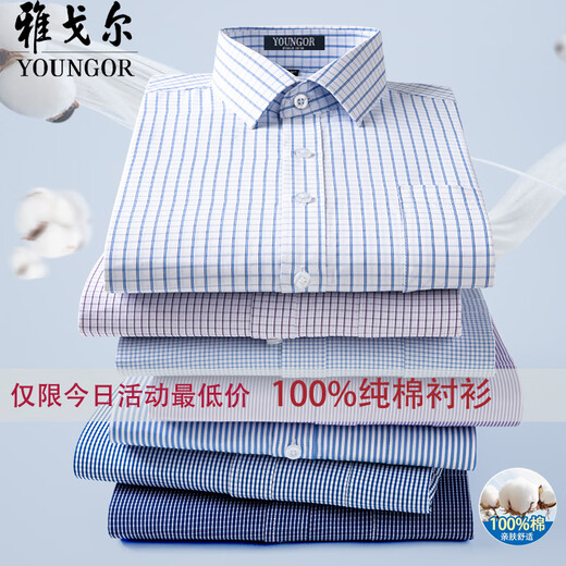 汉麻世家（HANP）雅戈尓雅戈尔男士棉长袖衬衫2025夏新款商务休闲职业正装免烫上衣 6636【星星蓝白】 XL 40 【建议135145斤】