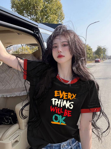 GTYUWVG2025 Nouveau modèle de t-shirt à manches courtes pour femmes pour les femmes devant les épaules Coton Pure Produits européens Lâche et à la mode Princement Top Summer INS TRENDY 6197 Collier rouge noir Imprimerie rose S