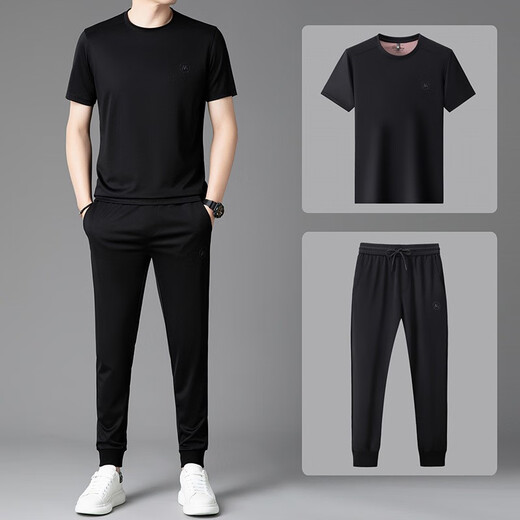 ZHIDOUDOU ice silk short sleeve shorts suit men's summer thin style with handsome casual sports suit including 13603 trousers suit gray M /165