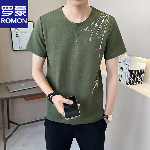 Romon New Chinese Style V-neck Short-sleeved T-shirt for men's summer linen 2025 new breathable bamboo half-sleeved men's T-shirt 9856 khaki XL (about 120~140 Jin [Jin equals 0.5 kg] can be worn)