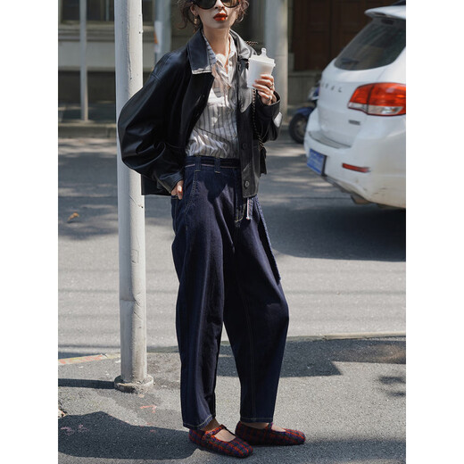 LE BEMIO line drawing workshop 2025 new black loose short leather jacket for spring leather jacket for women black pre-sale M