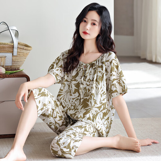 允织睡衣女夏季纯棉短袖七分裤薄款夏天2025年新款全棉夏款休闲家居服 6218-白棕 M (160) ：建议90-110斤穿着