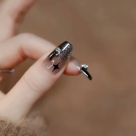 穿戴甲甲片高级中长款黑色蝴蝶结星星美甲贴成品假指甲贴片可拆卸 BY1047#晶莹紫蝶 胶水款