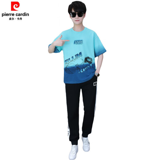 皮尔卡丹夏季青少年短袖T恤男孩衣服高中初中学生大童夏装帅气运动套装潮 蓝色 套装TZ9226款 180 XL【100-120斤】