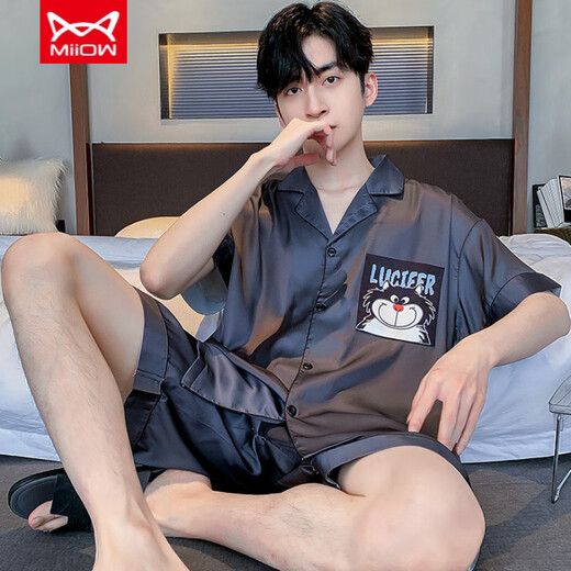 Catman (Miiow) Teenager Herren Pyjamas Sommer Cool Ice Seide Kurzarm Shorts Strickjacke Herren Dünne Lose große Heimkleidung 854# Soft Ice Seide L Männer [Empfohlen 90-120jin [Jin gleich 0,5 kg]]