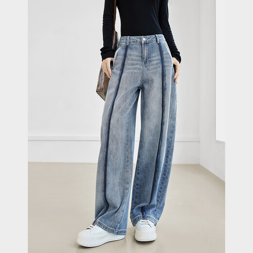 Дизайн диалога Sense Split Straight Jeans для женщин 2025 Осень Новая модная модная стирка Свободные тонкие повседневные брюки Джинсовая синяя 26
