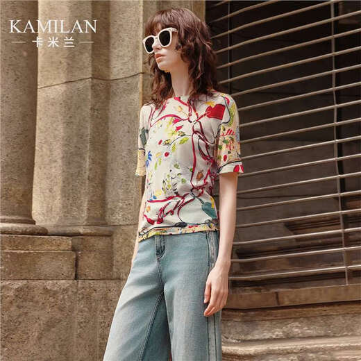 
Kamilan printed short-sleeved sweater for women in summer 2025 new high-end round neck slim bodywear style XL
