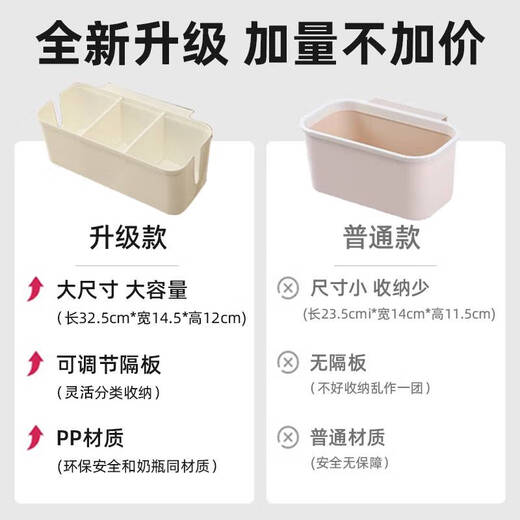 语森忆定制婴儿收纳挂篮床挂宝宝床边床头围栏尿不湿尿片收纳盒尿布袋 米白色可调节隔板32.5*14.5*12c