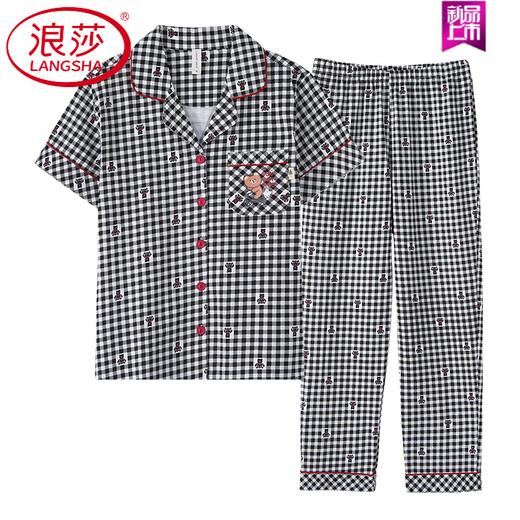 浪莎（LangSha）睡衣夏季女士纯棉短袖长裤夏季红色格子中年妈妈大码家居服 FTX-9923 M -建议80-95斤