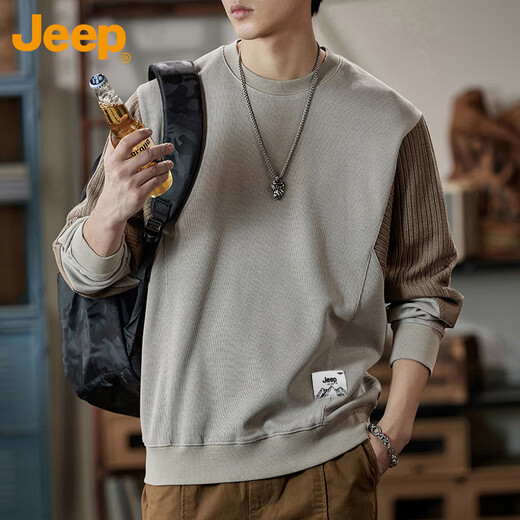 Jeep (JEEP) sweatshirt men's color matching autumn and winter loose T-shirt bottoming shirt casual heavyweight men's clothing apricot color matching XL