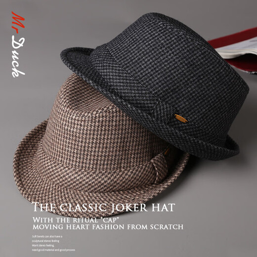 Mr DUCK new product houndstooth British men's hat woolen cowboy jazz hat MW216238-tan check plus size (over 61cm, only for extra large head circumference)