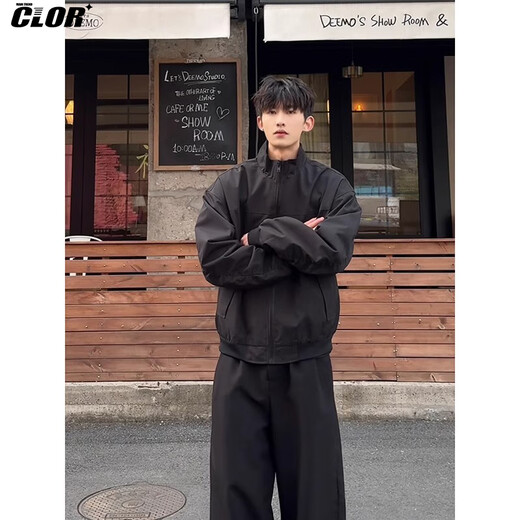 CLOR American flight jacket men's spring and autumn stand-up collar baseball uniform simple versatile work jacket JK01 black XL