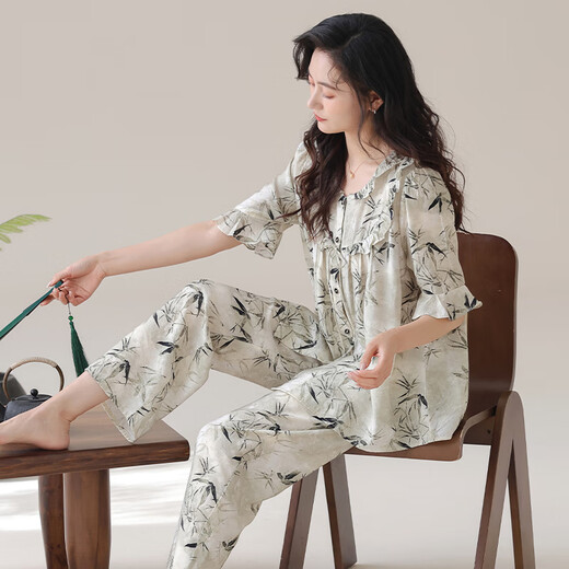 Modal Pyjamas für Frauen im Sommer, Tianshi Baumwolle kurzärmelige, geschnittene Hosen Strickjacke losen dünnen Tupfen lässiger, zufälliger Home-Kleidungsstück 1342 M 80-100jin [Jin gleich 0,5 kg]