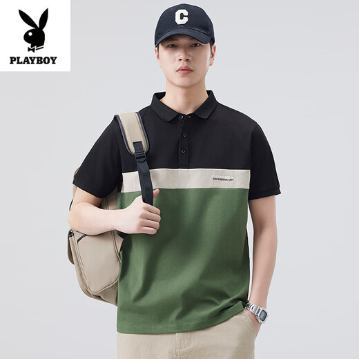花花公子（PLAYBOY）2025夏季冰丝棉短袖T恤男装翻领拼接百搭POLO衫休闲时尚潮流体恤 826白色 XL 130-145斤