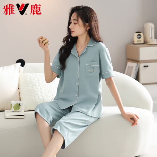 
Yalu Light Luxury New Pajamas for Women in Summer Thin Pure Cotton Short Sleeve Cropped Pants Home Clothing Women's Summer Outdoor Set 9898 M [80-100Jin [Jin equals 0.5 kg]]