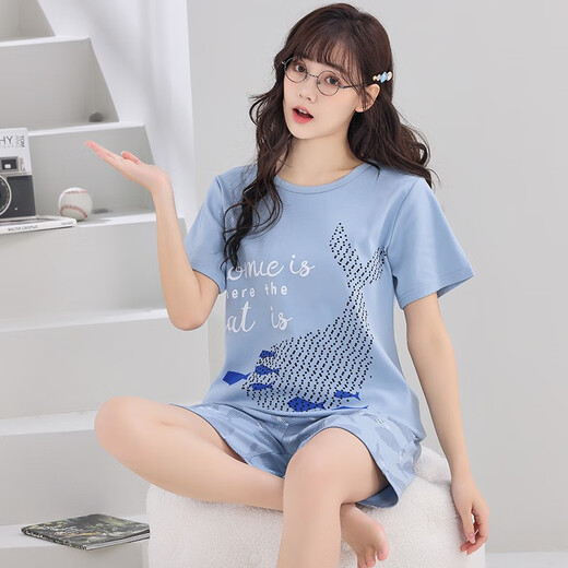 酷章（KUZHANG）大码睡衣女士200斤薄款纯棉夏天宽松套装孕妇短裤短袖空调家居服 q短1396浅绿狗女 M 70-90斤