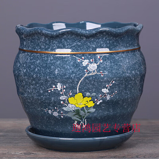 殊峻新款花盆陶瓷带托盘简约新中式阳台绿植兰花盆栽多肉花盆 灰7 灰7170幸福一个 陶瓷大