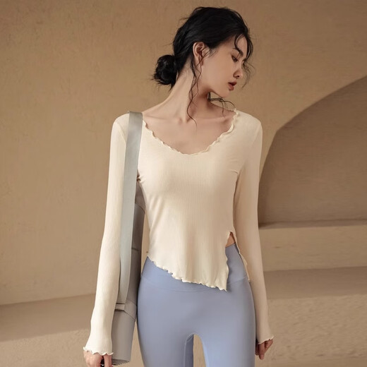 LULU CENTURY slim spring and autumn thin yoga wear for women V-neck running sports long-sleeved tops Pilates training fitness T-shirt orange M