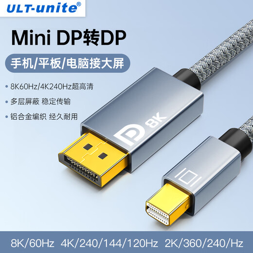 ULT-unite优籁特MiniDP转DP1.4迷你高清转接线8K60Hz高刷360Hz电竞级视频转换器苹果微软笔记本接显示器2米