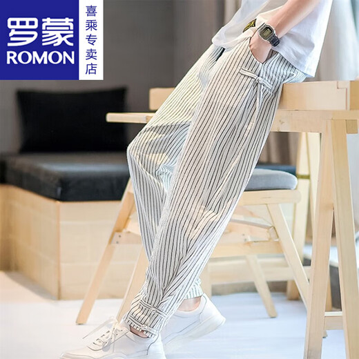 ROMON (ROMON) pants for men's summer fashion brand national trend sports trousers tied feet Harren striped men's pants casual pants linen cropped pants white 2XL 140-155Jin [Jin equals 0.5 kg]